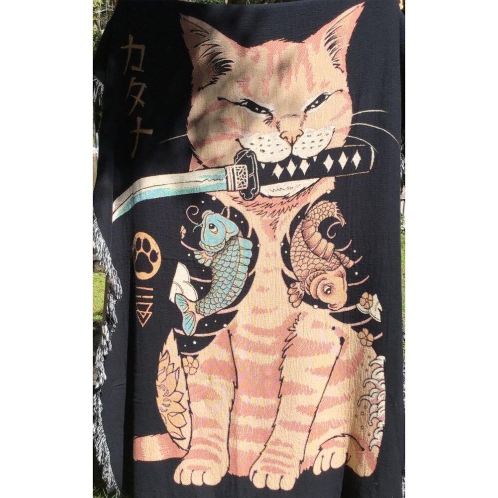 Vincent Trinidad Cat Knife Woven Blanket Tapestry Tattoo Katana Fish Japonism